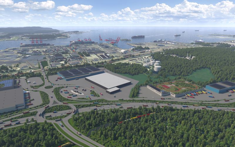 Fem bolag satsar samtidigt i den nya jättelogistikparken vid Göteborgs hamn. Första kontraktet kan skrivas innan nyår. Bild Port of Gothemburg logistics park. 